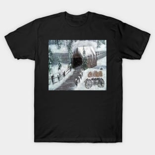 Covered Bridge Country Winter Art Snow on Pines Landscape Snowy Scene Home Décor Gift T-Shirt